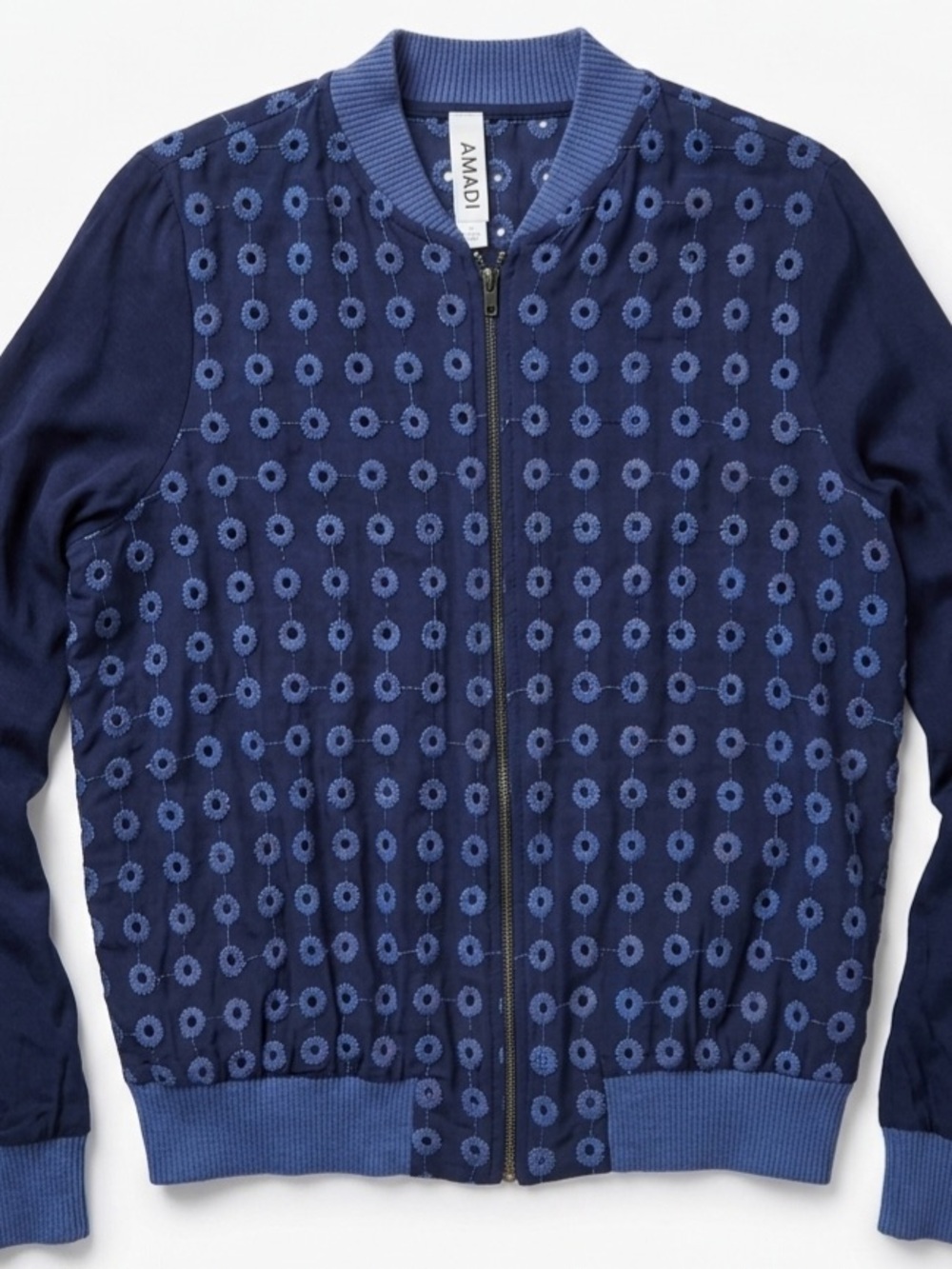 AMADI Anthropologie Navy Blue Embroidered Bomber Jacket